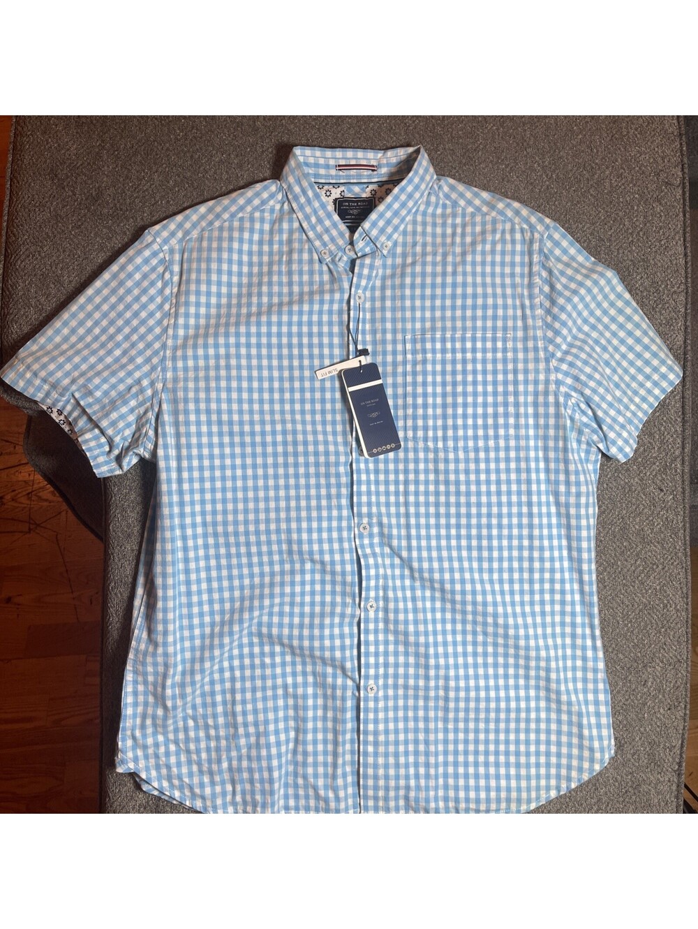 NWT On the Road Mens Slim Fit Blue Plaid Short Sleeve Button Up Shirt XL